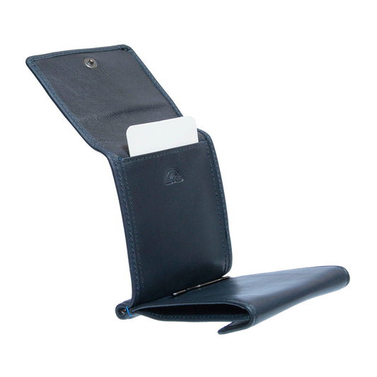 Open navy leather money clip with metal clip and coin pocket — Tony Perotti New Contatto 3595