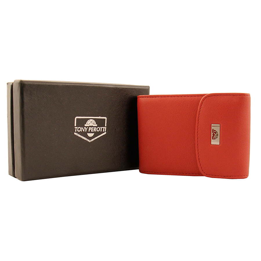 Tony Perotti Contatto 1703 rosso — the business card holder next to its branded Tony Perotti gift box