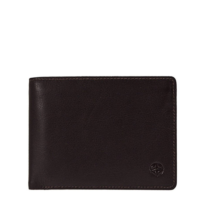 Dark brown Tony Perotti Cortina 5051 leather bifold wallet seen straight on, closed, with the embossed compass rose in the lower corner