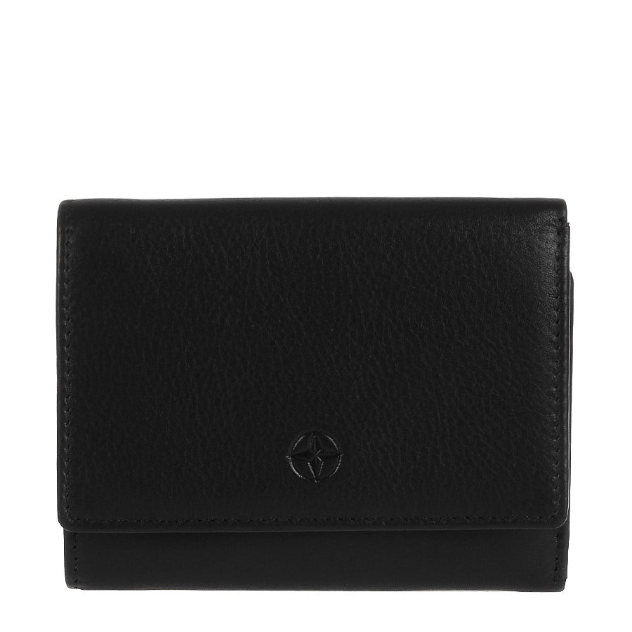 Black Tony Perotti Cortina 5063 small trifold wallet seen straight on, closed, with the embossed compass rose on the flap
