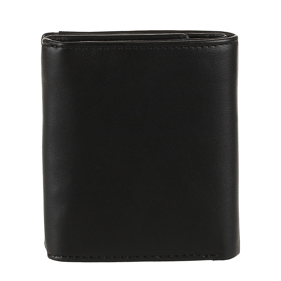 Slim black leather bifold wallet angled view — Tony Perotti Cortina 5089