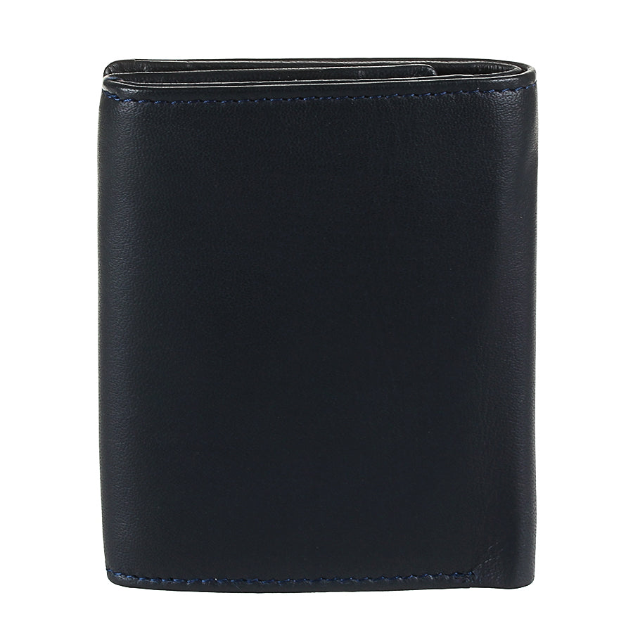 Slim navy leather bifold wallet angled view — Tony Perotti Cortina 5089