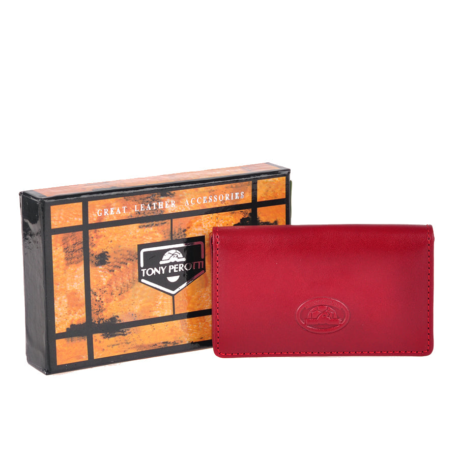 Red leather business card holder with Tony Perotti branded gift box — Italico 2678 rosso