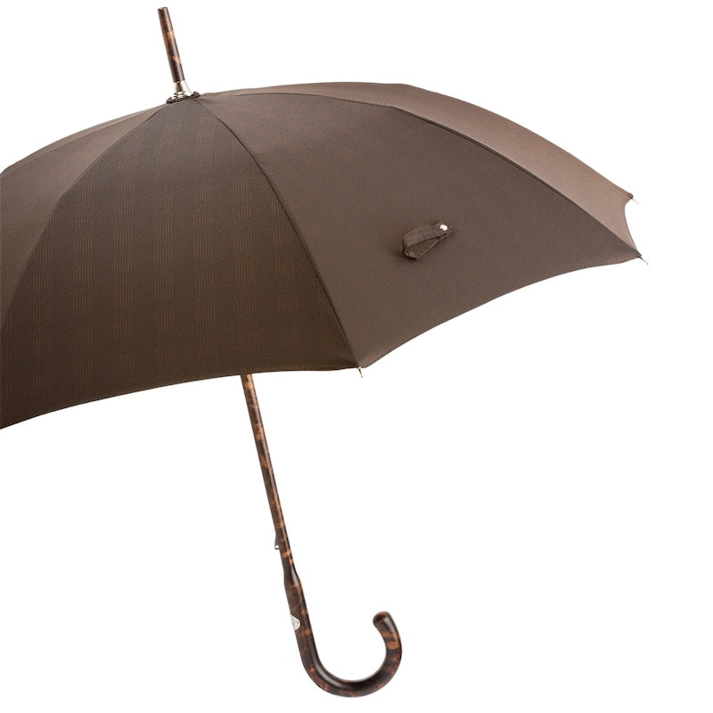 Open brown umbrella from the side with hickory shaft and crook handle