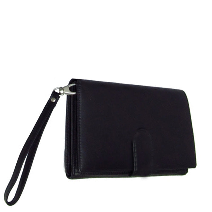 Black Tony Perotti Cortina 5073 wallet seen from the side with the detachable wrist strap clipped to its hook
