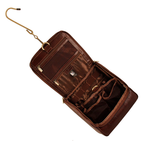 Open Tony Perotti Italico 8220 moro toiletry bag hanging by removable hook with organized interior