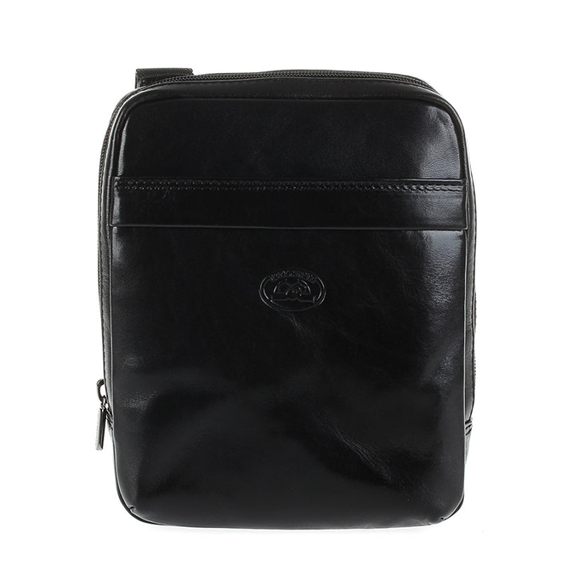 Tony Perotti Italico 6056 men's small black leather crossbody bag — front view with magnetic-snap pocket and embossed turtle emblem