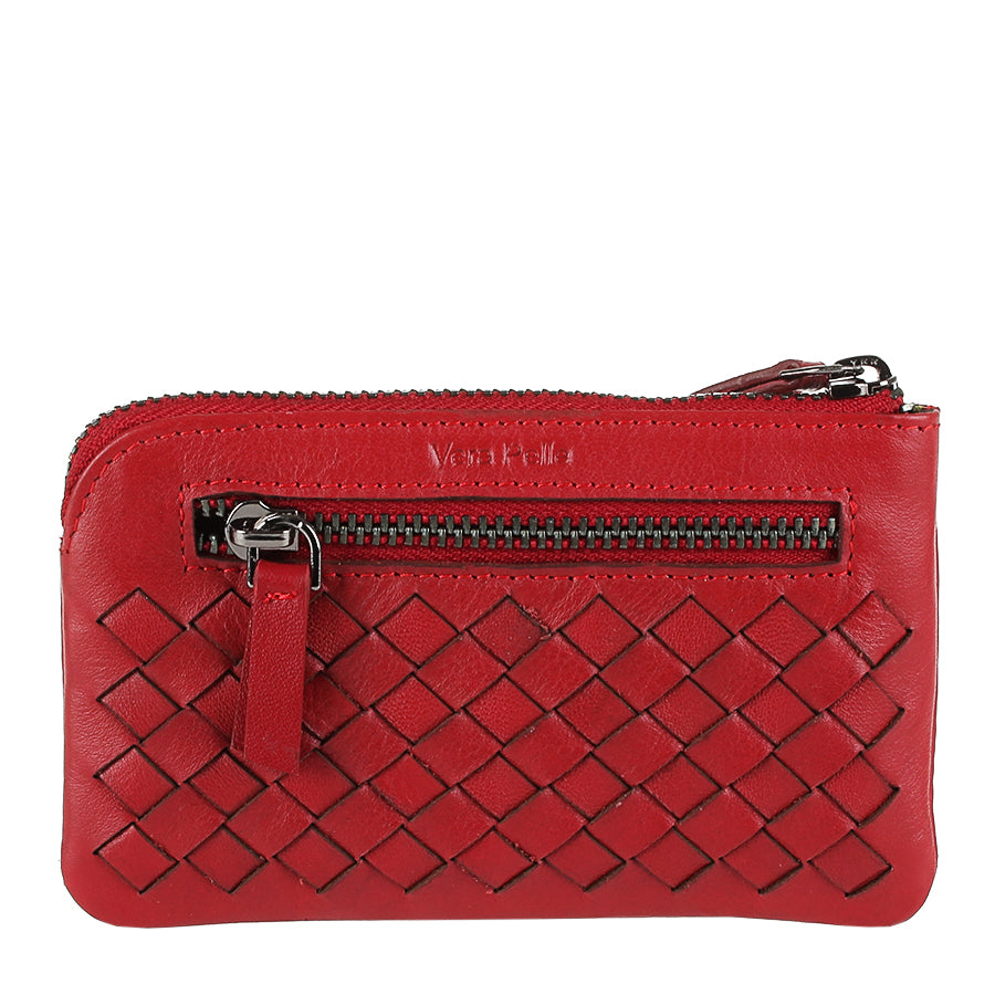 Tony Perotti Timone intrecciato 12002 rosso red woven leather key case, back with Vera Pelle zip pocket
