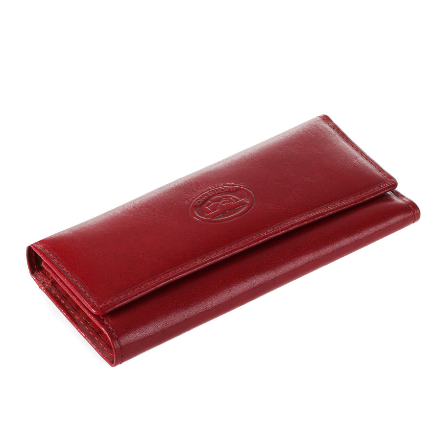 Red leather key case closed, side angle with embossed turtle emblem — Tony Perotti Italico 344 rosso