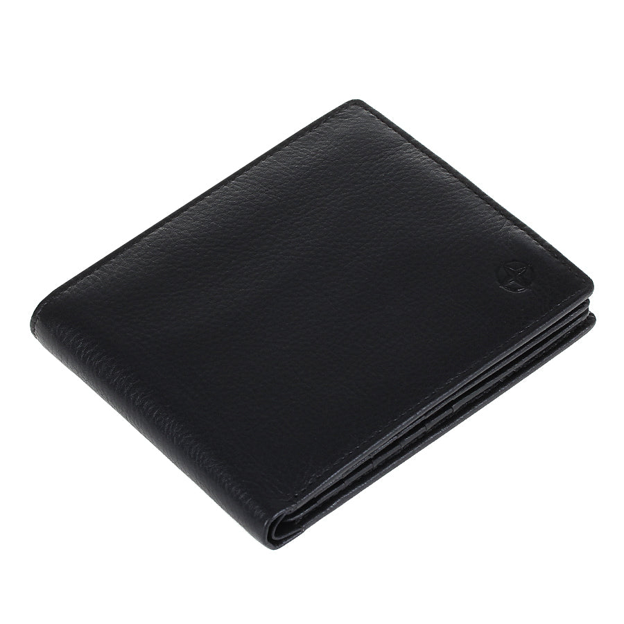 Black Tony Perotti Cortina 5068 wallet lying closed, seen from above — the fold and the slim profile