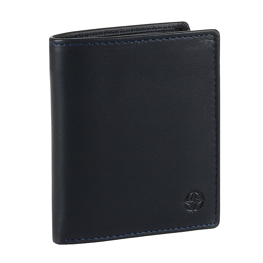 Navy leather card wallet Tony Perotti Cortina 5088 navy closed at an angle — vertical bifold with blue edge stitching and the embossed compass rose