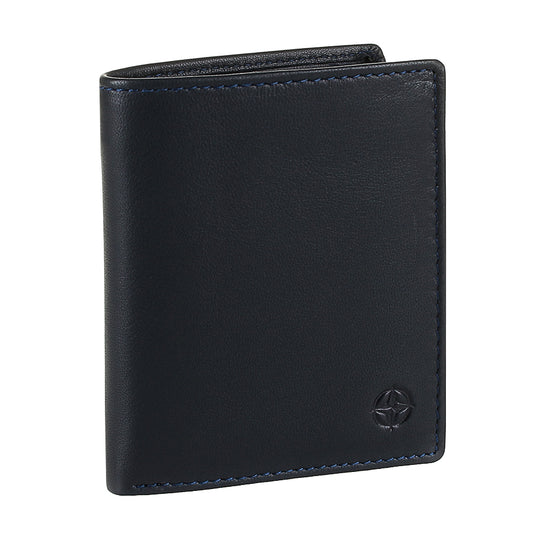 Navy leather card wallet Tony Perotti Cortina 5088 navy closed at an angle — vertical bifold with blue edge stitching and the embossed compass rose
