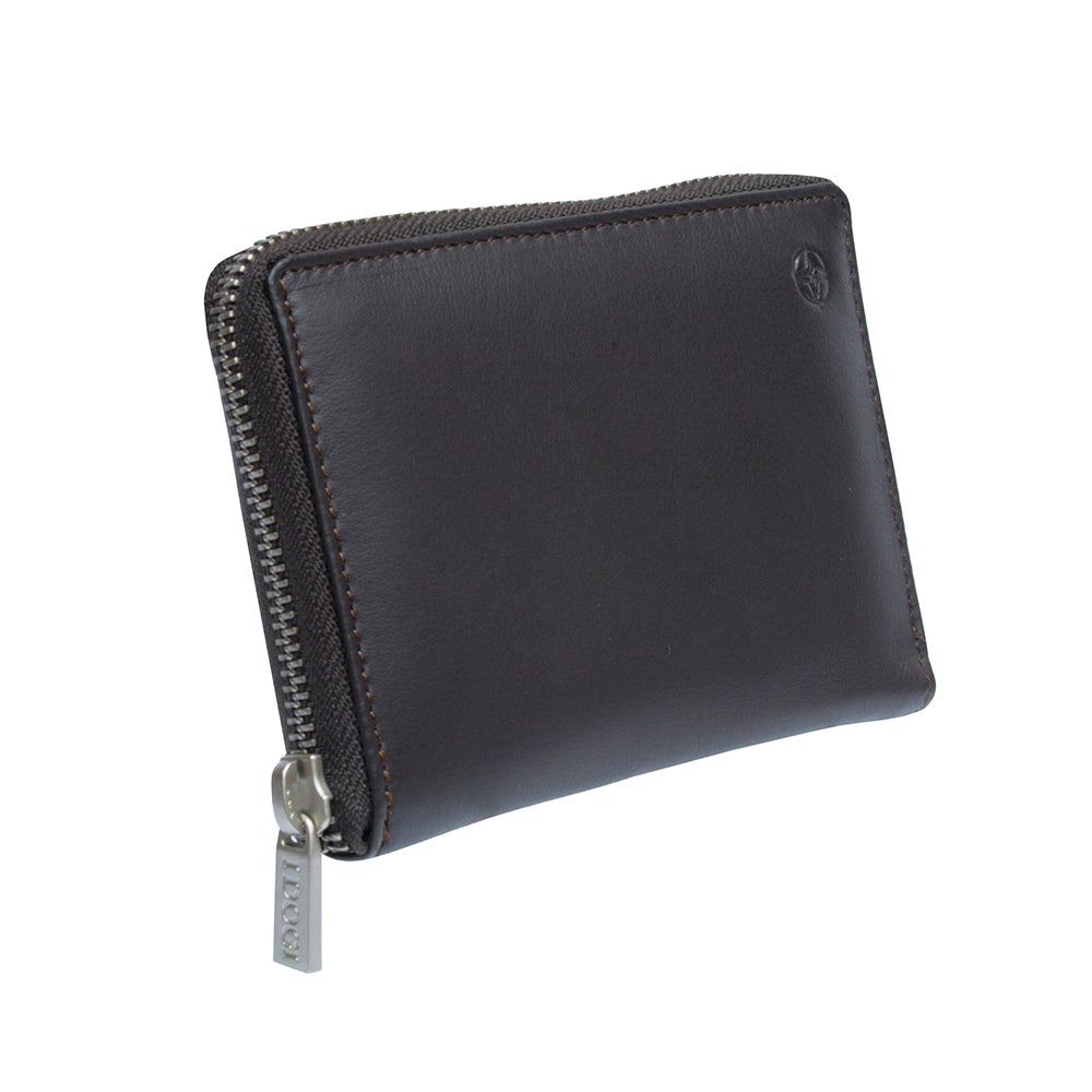 Dark brown Tony Perotti Cortina 5086 wallet closed at an angle — the zip running around the edge and the branded pull