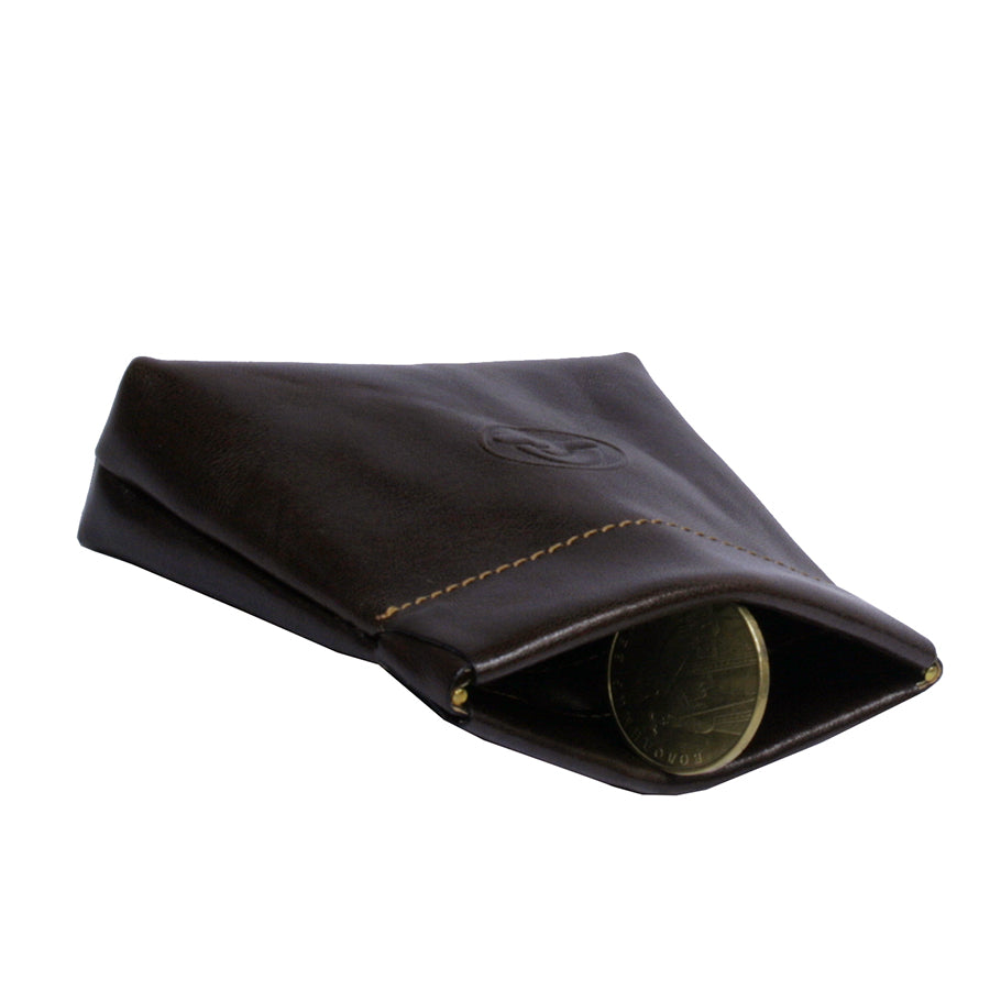 Dark brown Tony Perotti Italico 1615 moro coin pouch with the mouth open and a coin inside — the brass magnet caps visible at the corners