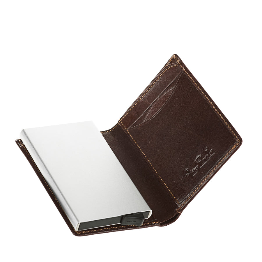 Tony Perotti Nevada 3758 moro — open, aluminium pop-up card case and leather card slots