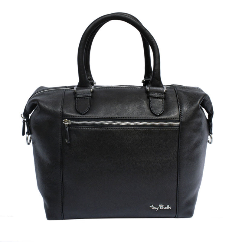 Tony Perotti Contatto 9217-31 nero women's black leather convertible handbag — front view in the compact setting, front zip pocket and the metal Tony Perotti signature plate