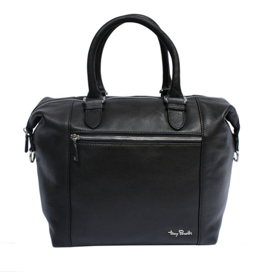 Tony Perotti Contatto 9217-31 nero women's black leather convertible handbag — front view in the compact setting, front zip pocket and the metal Tony Perotti signature plate