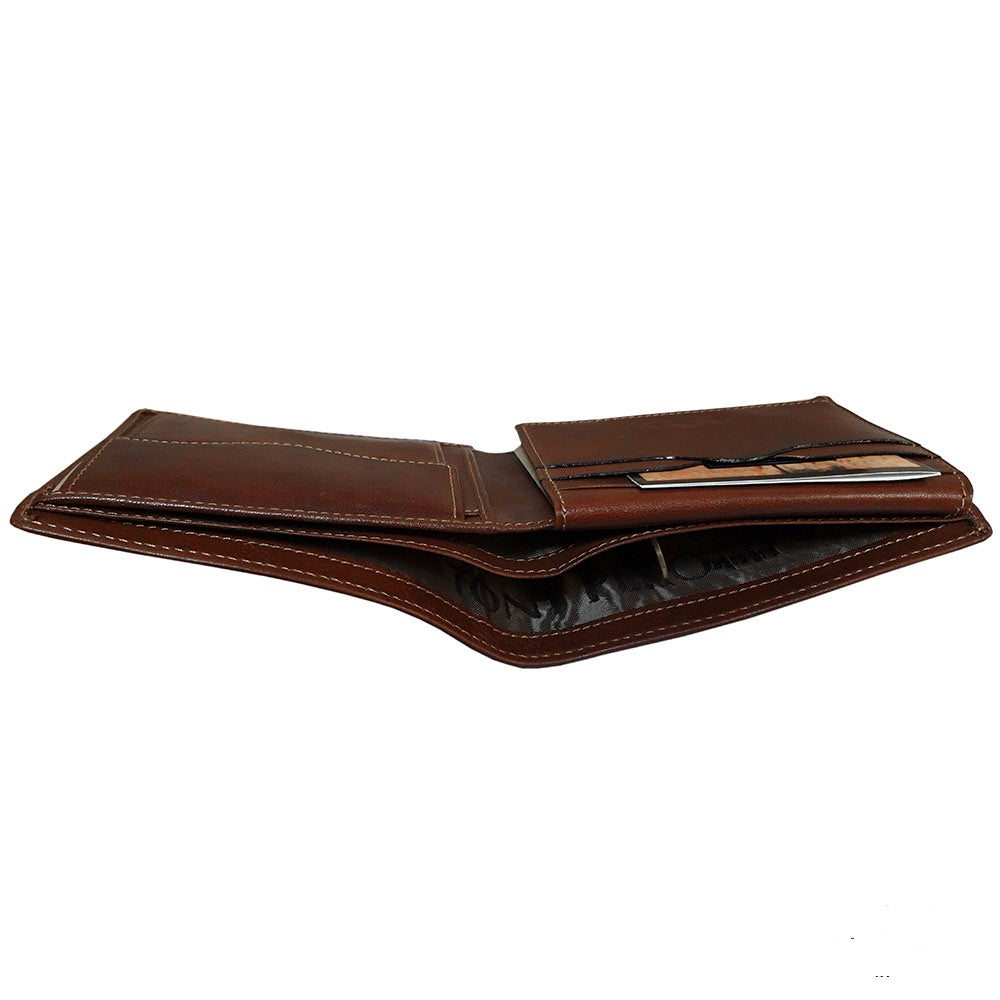 Cognac leather bifold wallet fold-out flap with mesh ID window — Tony Perotti Italico 533