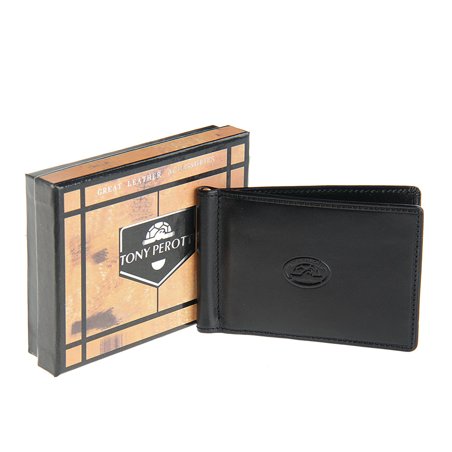 Tony Perotti Italico 2312 nero black leather money clip wallet standing in front of the printed orange Tony Perotti gift box