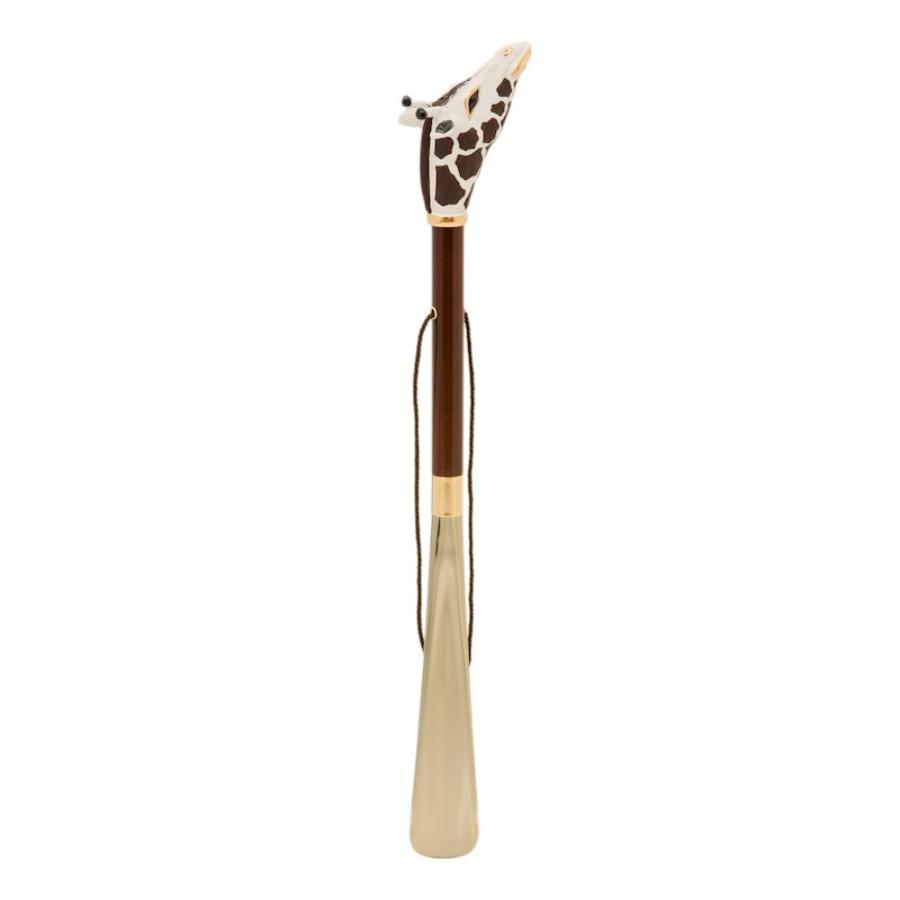 Giraffe shoehorn standing upright: brown wooden shaft, hanging cord and gold-tone blade
