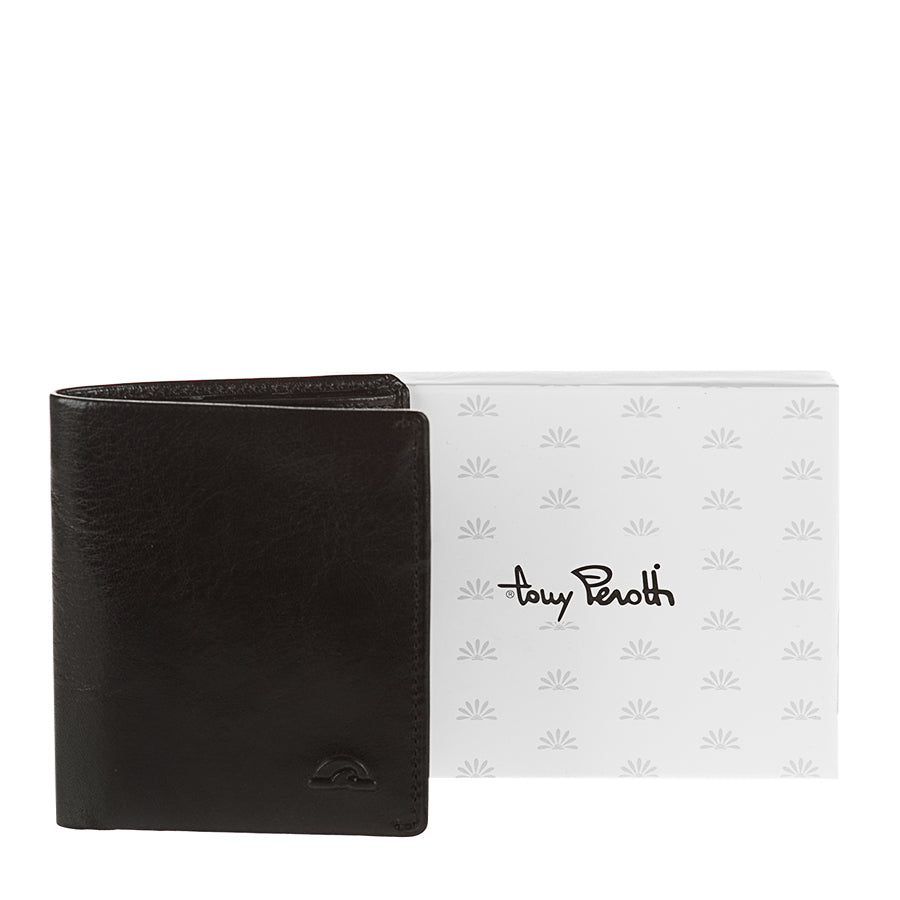 Tony Perotti Nevada 3504 nero black leather wallet beside the Tony Perotti gift box