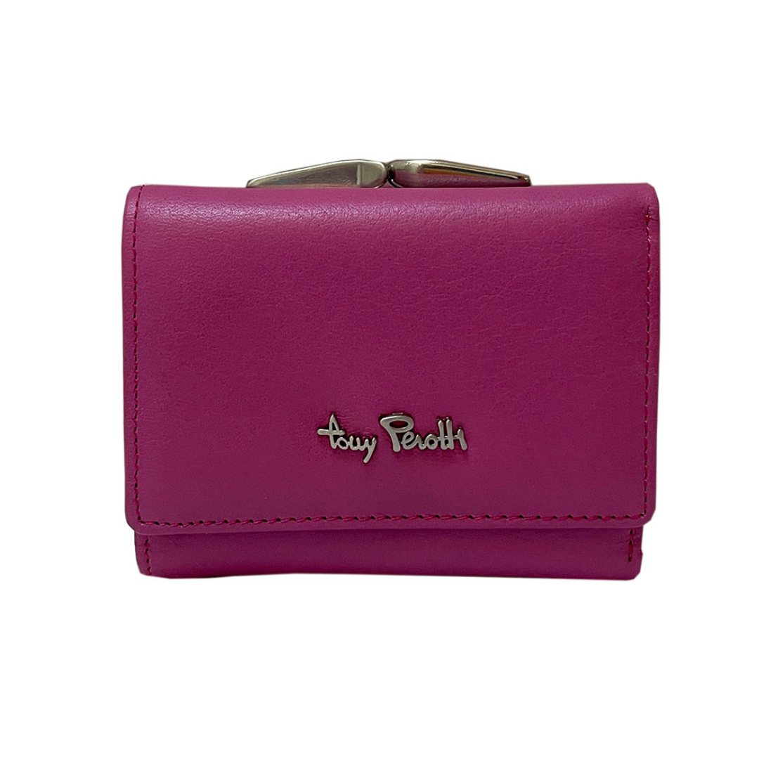 Pink Tony Perotti wallet with rear kiss-lock coin pocket — closed front view