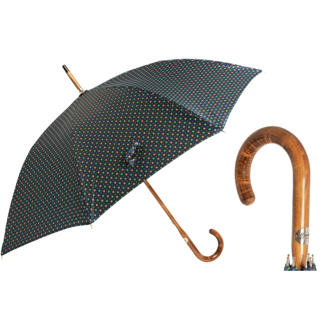 Pasotti men's navy umbrella with little flowers and one-piece maple handle, open, with a close-up of the handle — 142 0040-13 MC