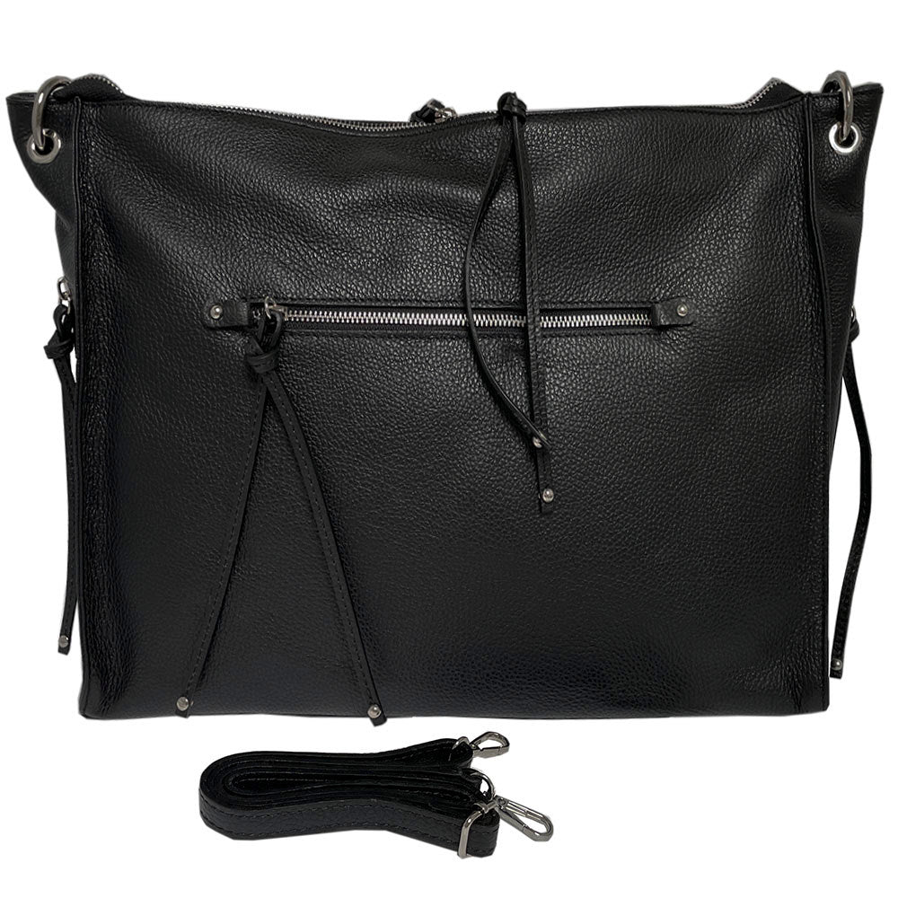 Black Tony Perotti Borsa CA020 leather shoulder bag seen straight on — horizontal zip pocket across the face, with the detachable leather shoulder strap laid out below