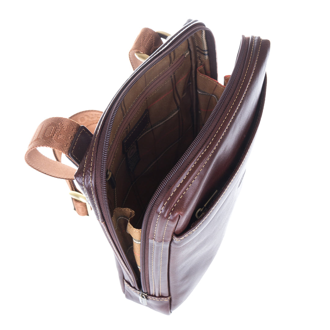 Inside the dark brown crossbody bag: branded check lining and zip pocket — Italico 6001 moro
