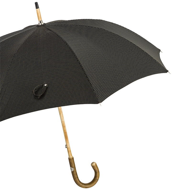 Open black pin-dot umbrella from the side with ash shaft and crook handle