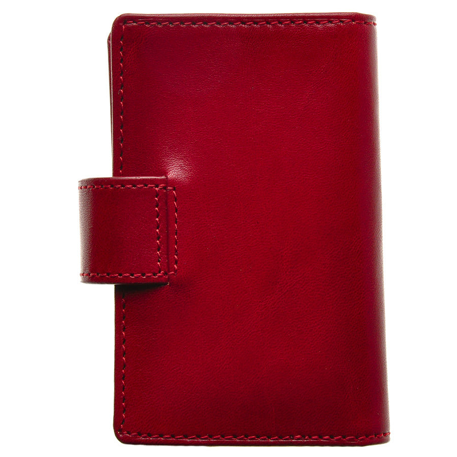 Back of the red Tony Perotti Accademia 1440 business card holder — smooth bull leather with tonal red stitching and the loop of the flap clasp