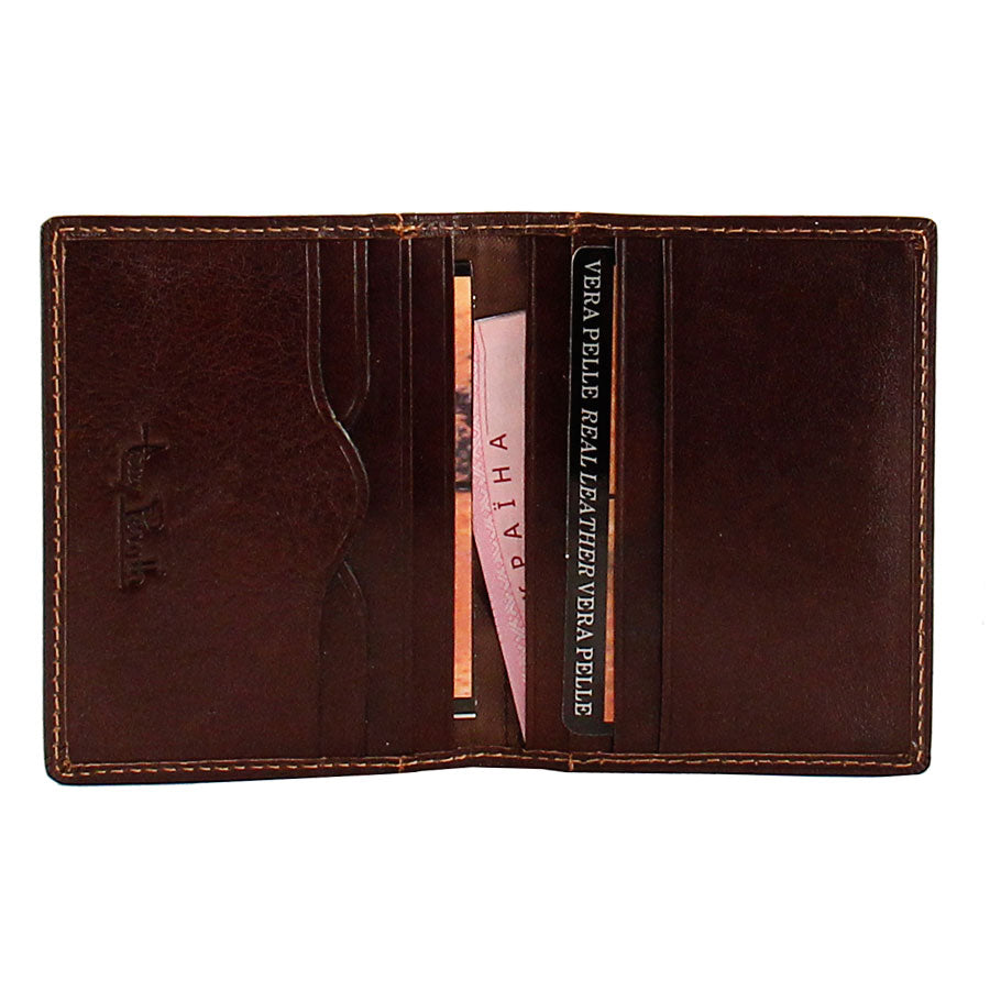 Dark brown leather card holder open showing card slots and Vera Pelle tag — Tony Perotti Italico 1034 moro