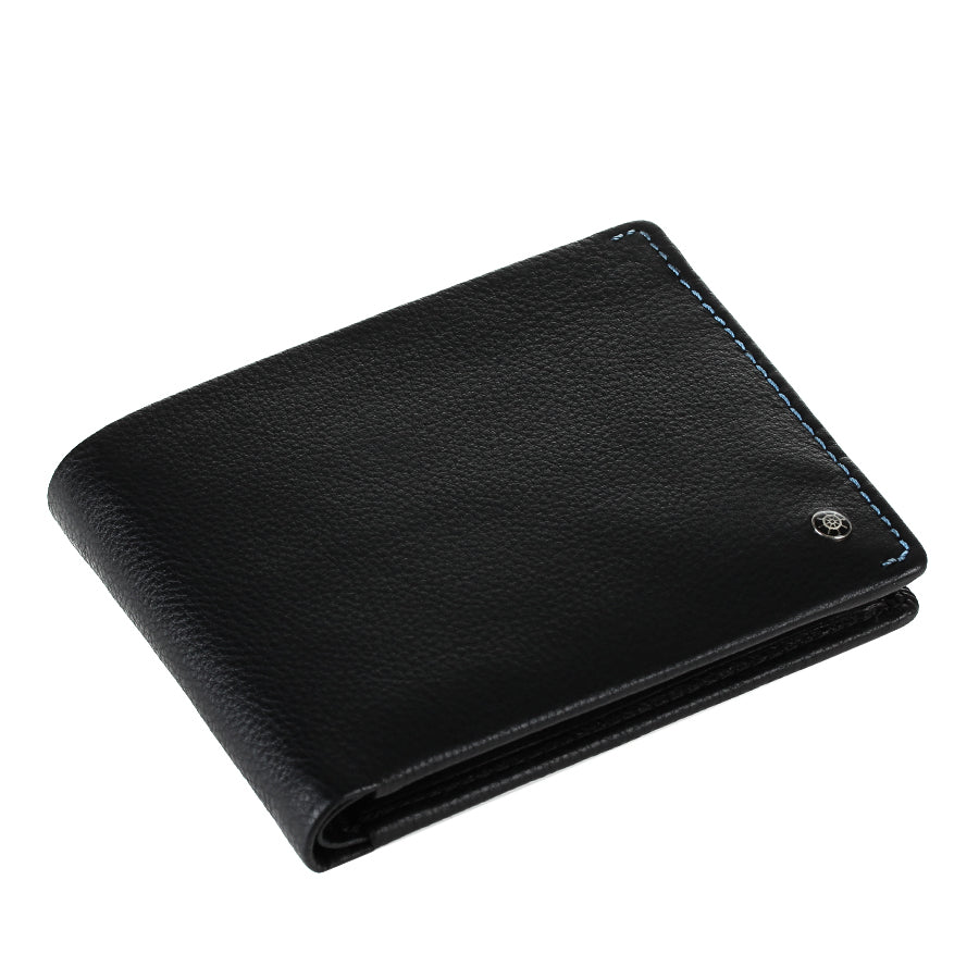 Tony Perotti Timone 11013G black leather bifold wallet lying closed, angled top view