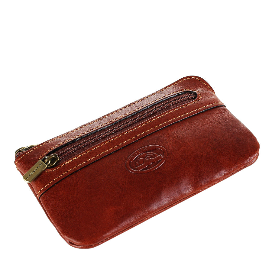 Cognac leather key pouch lying flat, front zip pocket in view — Tony Perotti Italico 359 cognac
