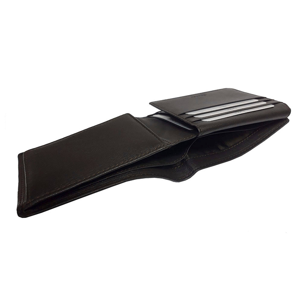 Dark brown Tony Perotti Cortina 5052 wallet seen open in profile — the layered card slots and the fold