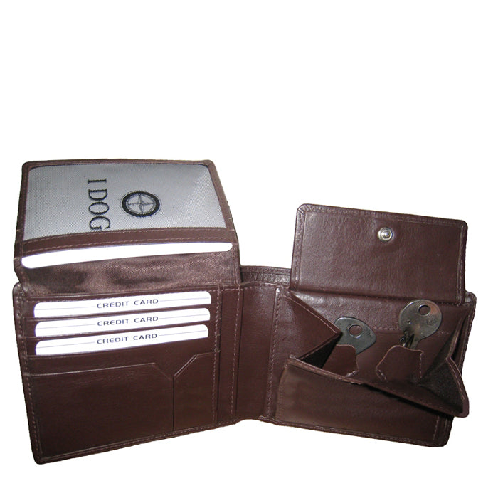 Tony Perotti Cortina 5057 moro with the ID flap raised and the coin pocket unsnapped, keys inside the pocket