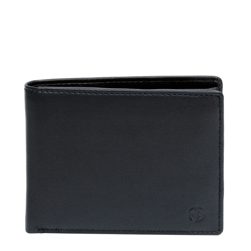 Black Tony Perotti Cortina 5014 leather bifold wallet seen straight on, closed, with the embossed compass rose in the lower corner