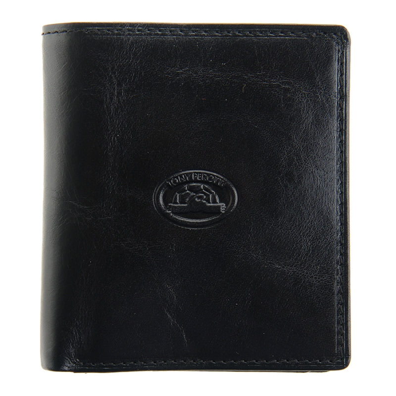 Tony Perotti Italico 2112 nero men's black leather compact bifold wallet, closed — embossed oval Tony Perotti emblem