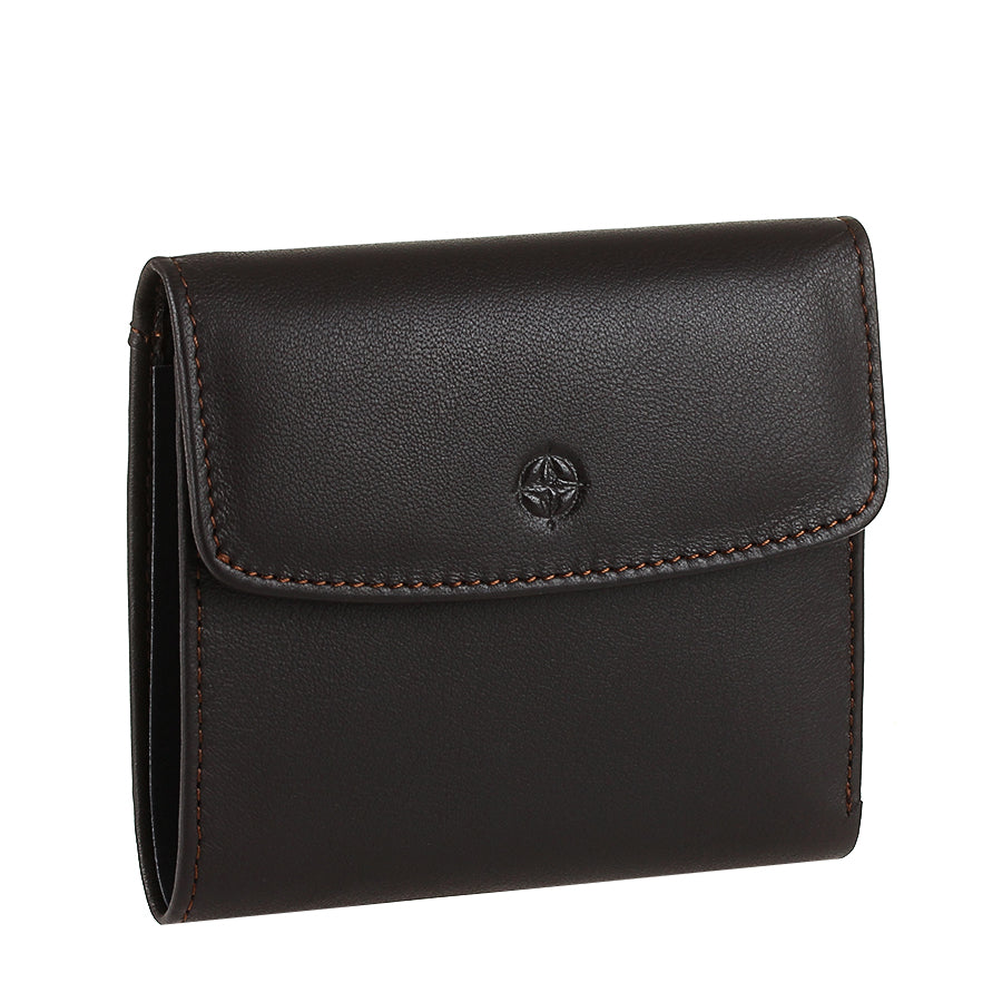 Open dark brown leather bifold wallet with card slots and ID window — Tony Perotti Cortina 5087