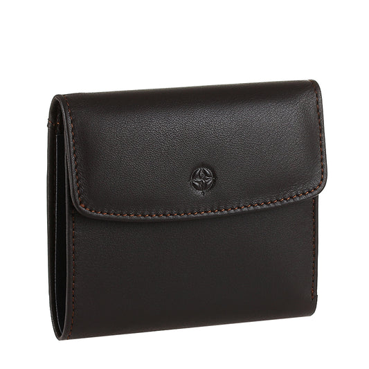 Open dark brown leather bifold wallet with card slots and ID window — Tony Perotti Cortina 5087