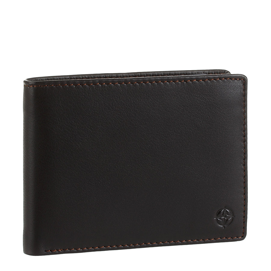 Dark brown Tony Perotti Cortina 5013 bifold wallet standing at a three-quarter angle, closed