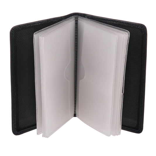 Black leather business card holder open, standing, with clear plastic sleeves — Tony Perotti Italico 1007 nero