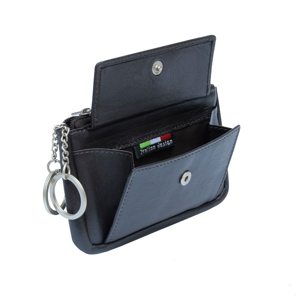 Tony Perotti Cortina 5060 moro — open: the snap-flap pocket unfastened, the woven «Italian design» label and the key rings on chains