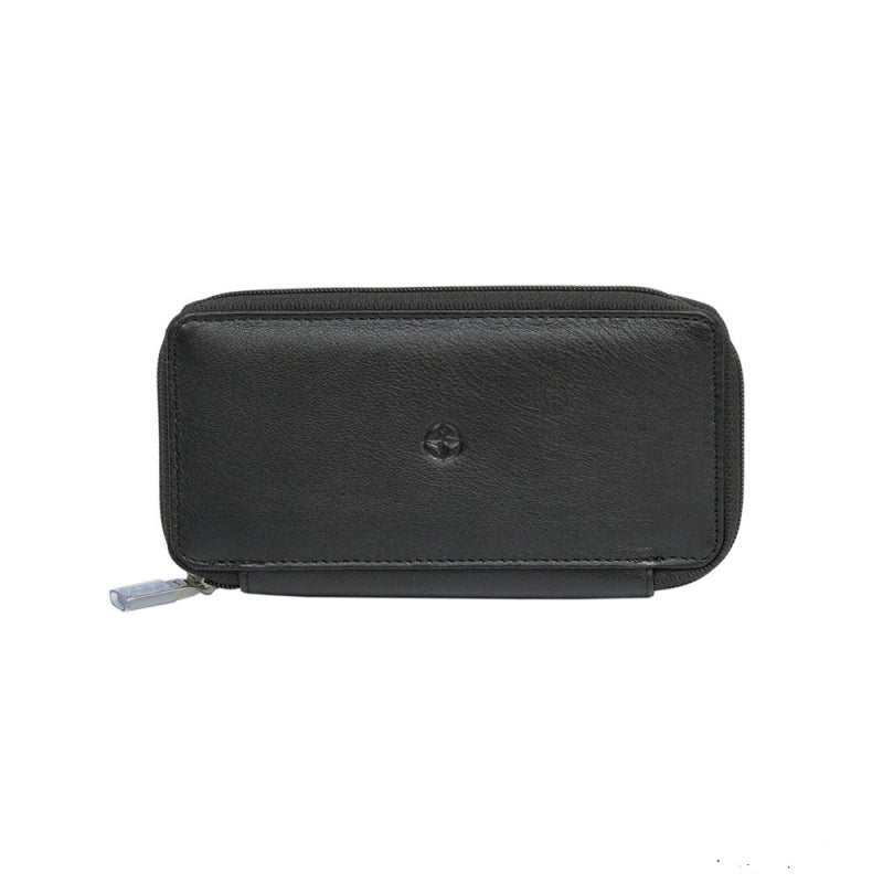 Tony Perotti Cortina 5026 nero — black leather zip-around key case closed, compass-rose emblem embossed on the front