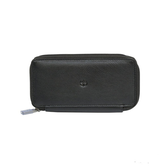 Tony Perotti Cortina 5026 nero — black leather zip-around key case closed, compass-rose emblem embossed on the front