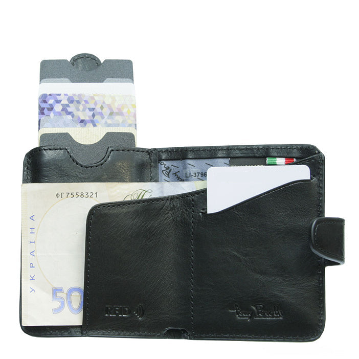 Nevada 3796+RFID nero black card holder open — pull-up card sleeve raised by leather tab, banknote and card slot