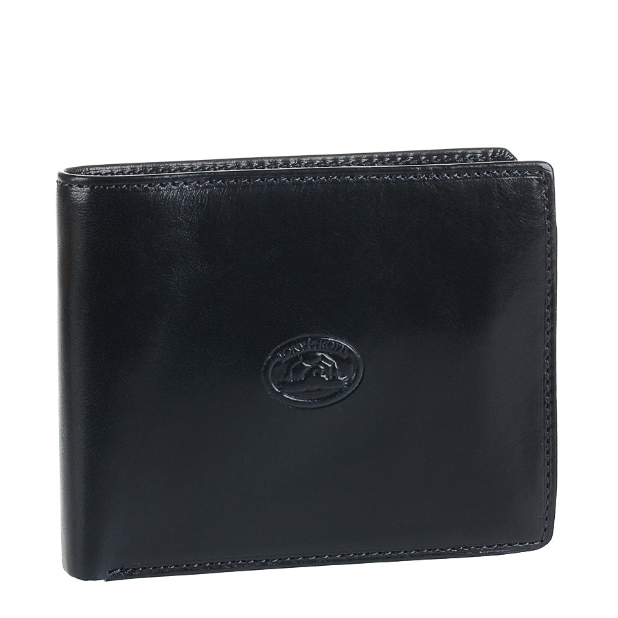 Navy blue leather bifold wallet Tony Perotti Italico 3620 navy — three-quarter view with embossed turtle emblem