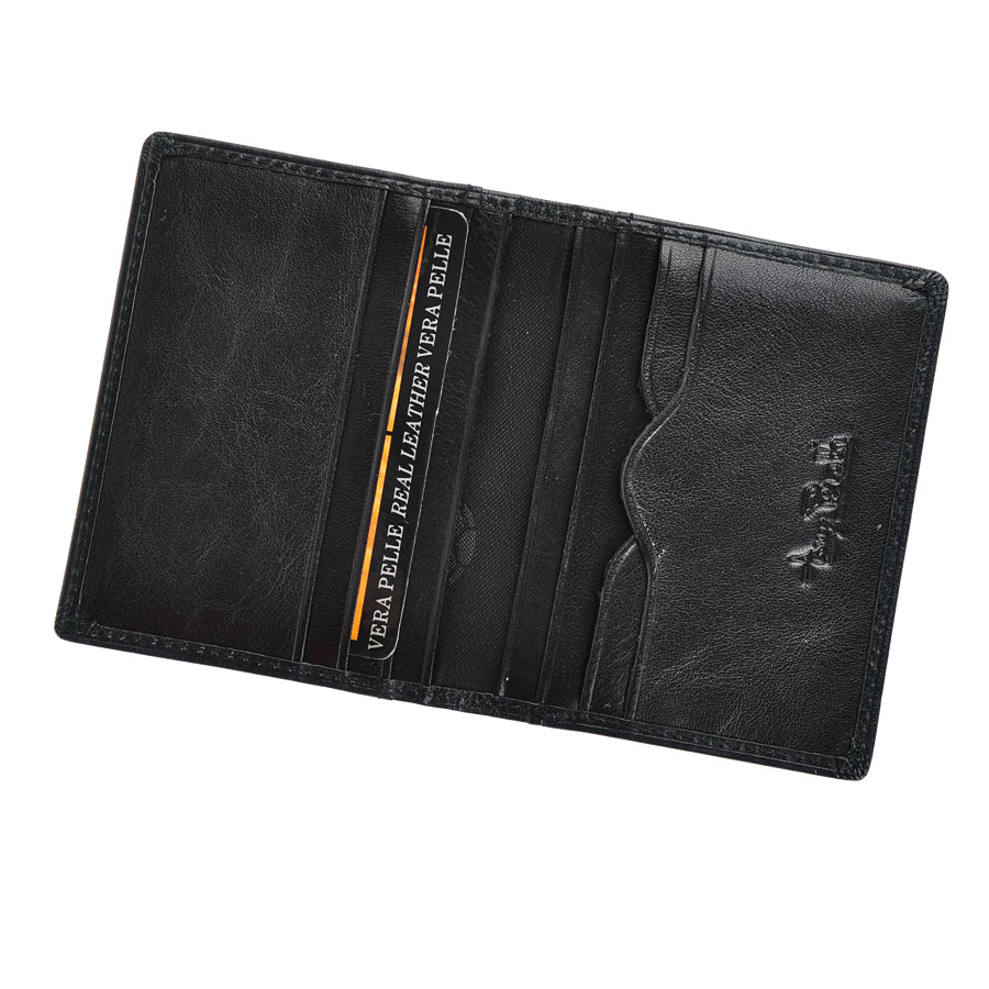 Black leather card holder open showing card slots and Vera Pelle tag — Tony Perotti Italico 1034 nero