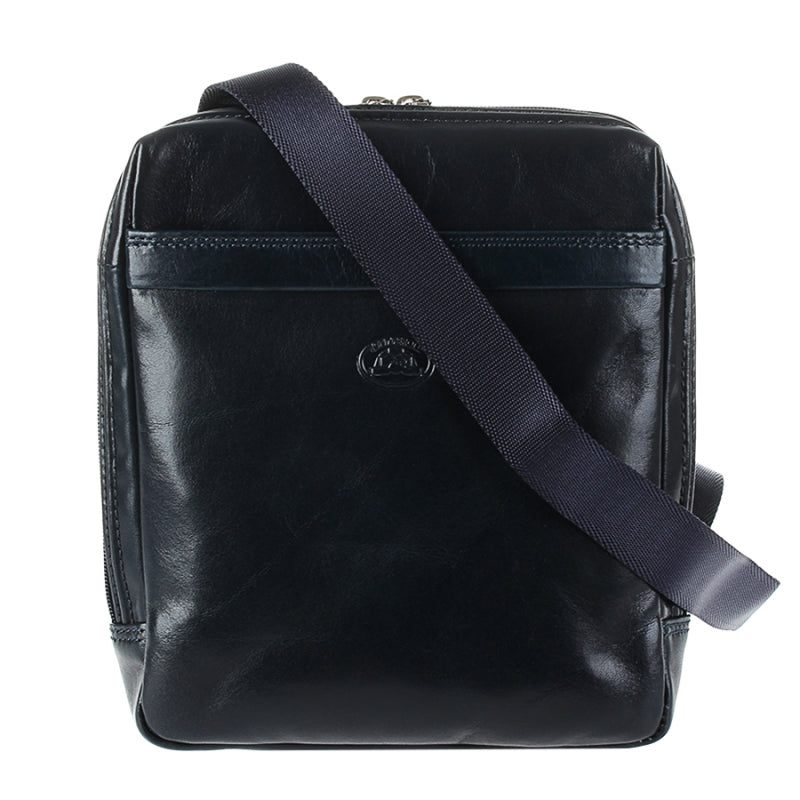 Tony Perotti men's navy bull leather crossbody bag with jacquard strap — Italico 6001 navy