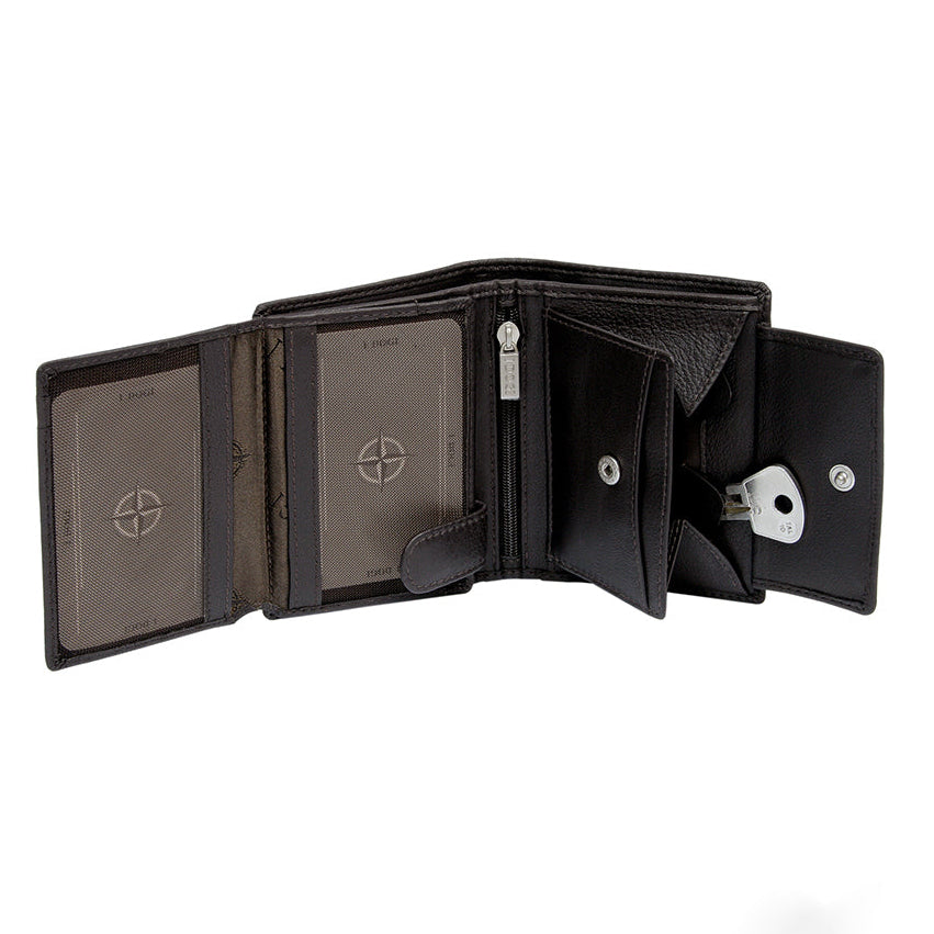 Tony Perotti Cortina 5054 moro with the document panels swung out and the coin pocket unsnapped, a key inside the pocket
